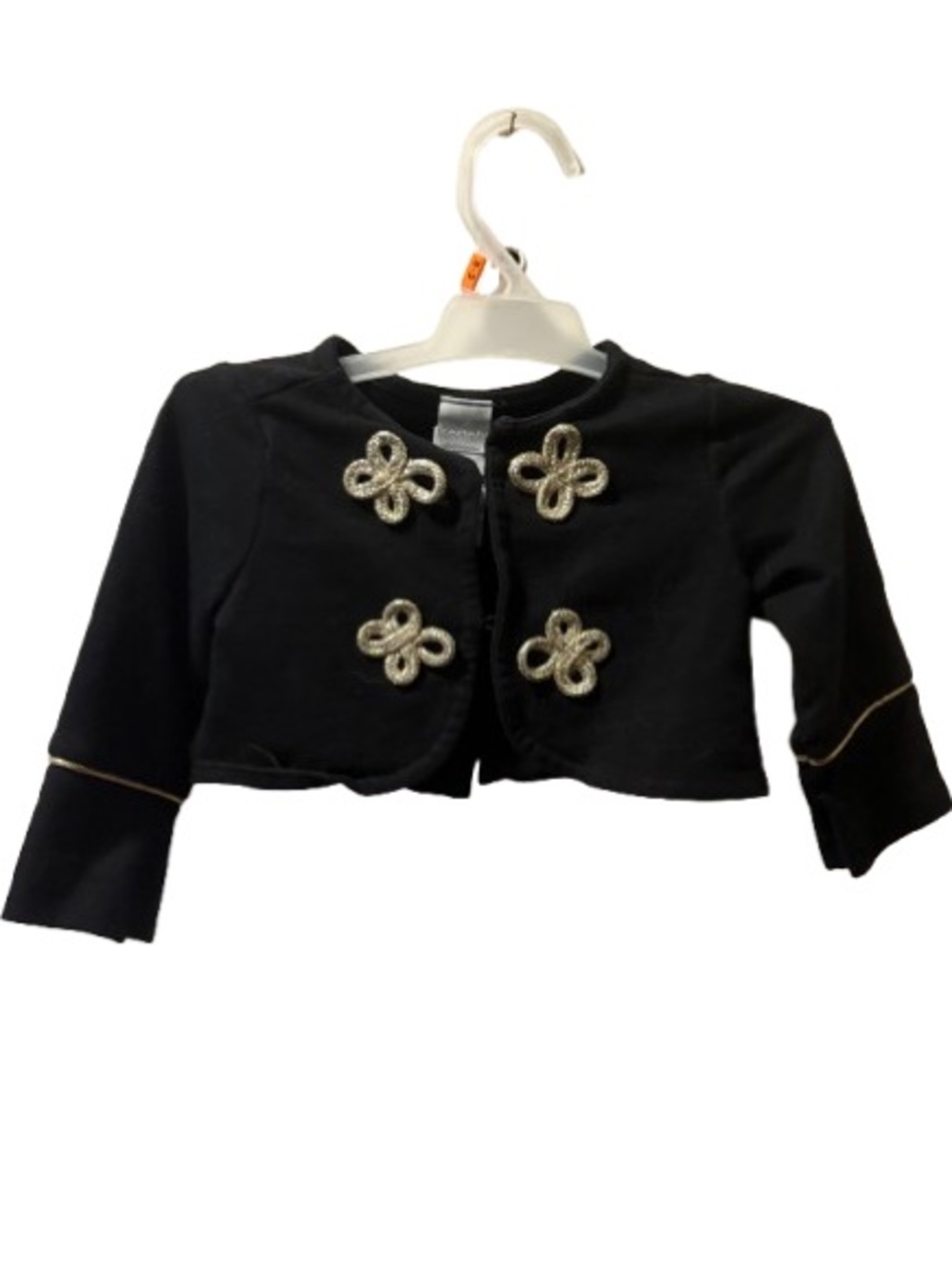 TAHARI Baby Black Cropped Cardigan Jacket Gold Braid Frogs - Size 12M